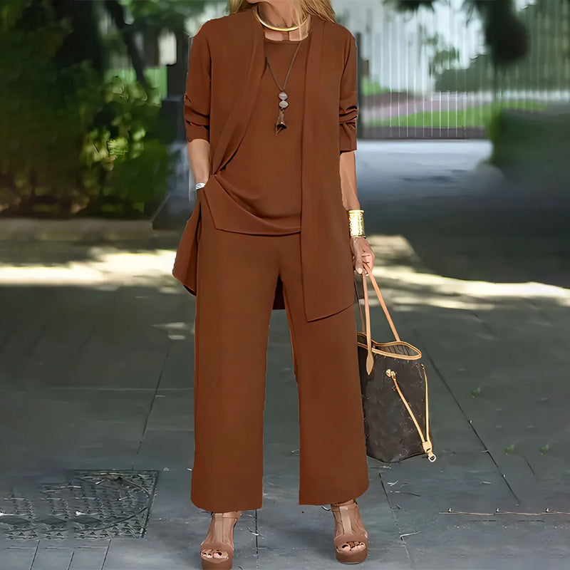 Elegant Women¡¯s Relaxed Fit 3-Piece Set ¨C Minimalist Wide-Leg Pants, Cardigan & Top in Luxe Stretch Fabric