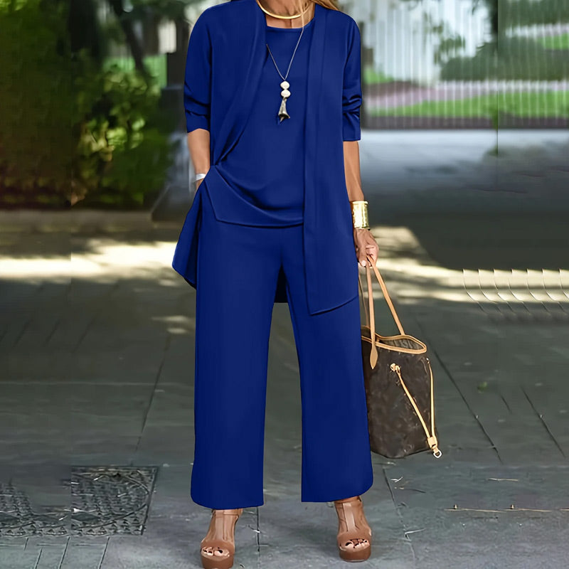 Elegant Women¡¯s Relaxed Fit 3-Piece Set ¨C Minimalist Wide-Leg Pants, Cardigan & Top in Luxe Stretch Fabric