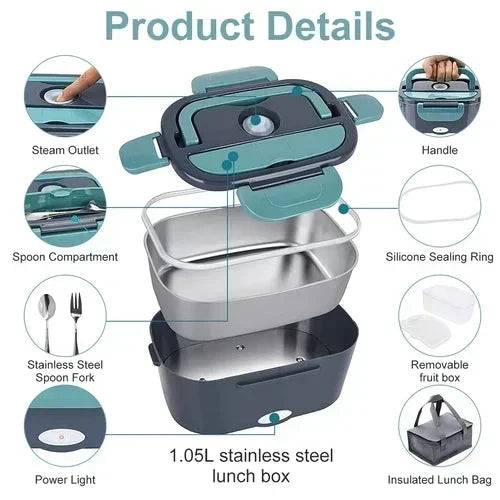 2026 - 2-en-1 boîte-repas chauffante électrique portable | 12 V pour voiture et 230 V pour la maison, double usage, acier inoxydable de 1,5 L, chauffage rapide de 60 W