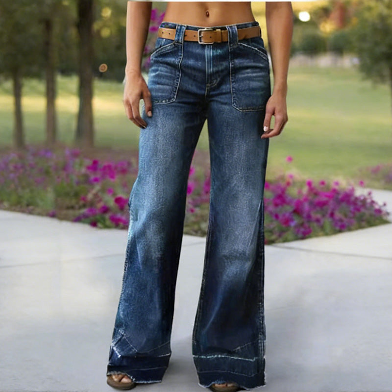 Nieuwe damesmode 2026: retro jeans met wijde pijpen en zakken