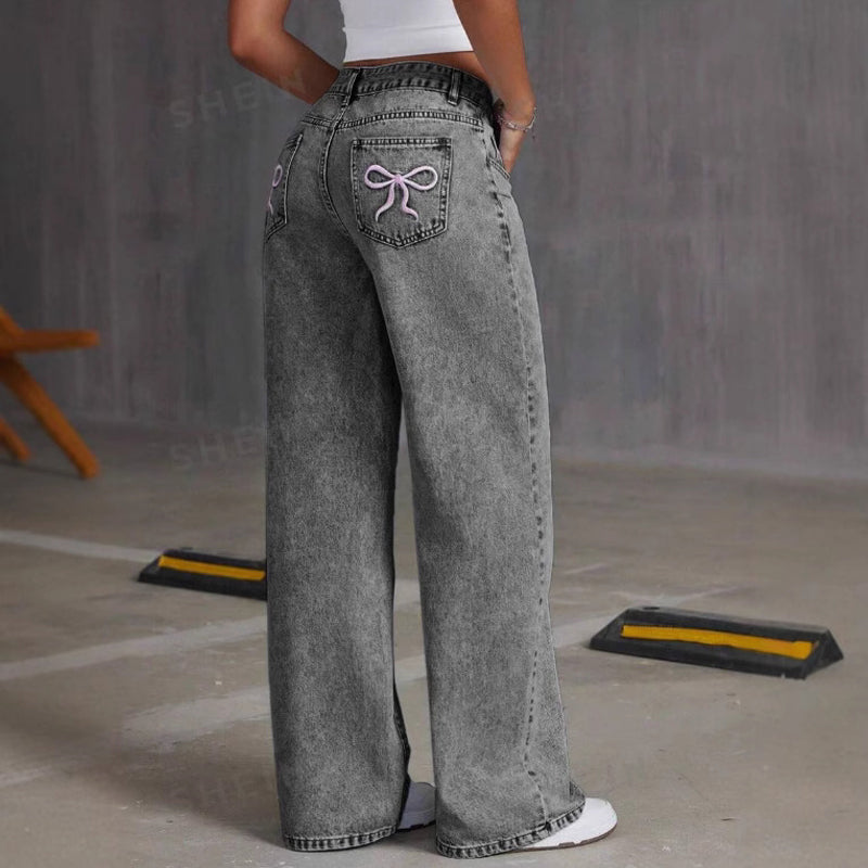 High-Elasticity Plus-size Embroidered Bow Jeans