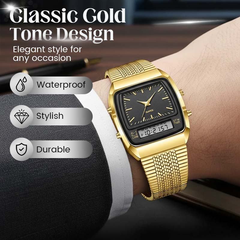 Reloj multifunción de estilo retro con esfera cuadrada - doble pantalla, aleación de zinc y acero inoxidable