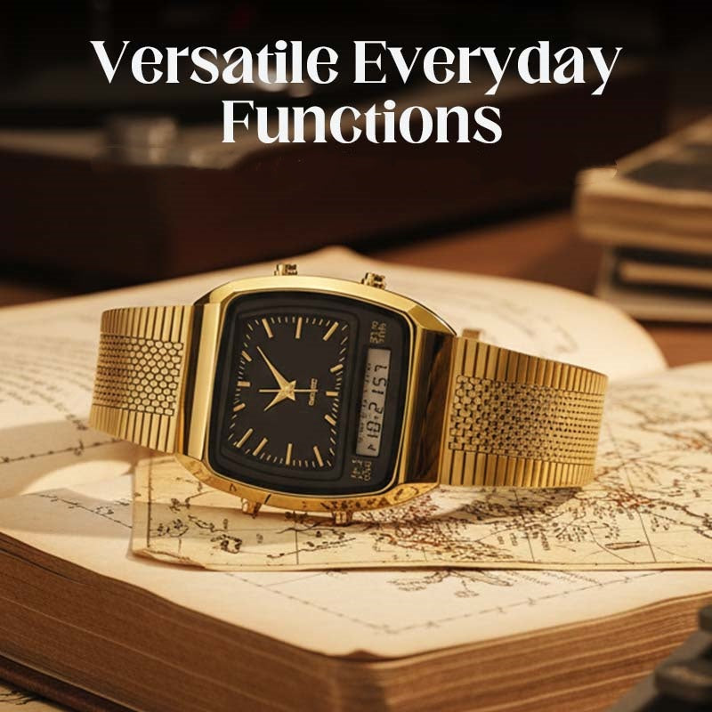 Reloj multifunción de estilo retro con esfera cuadrada - doble pantalla, aleación de zinc y acero inoxidable