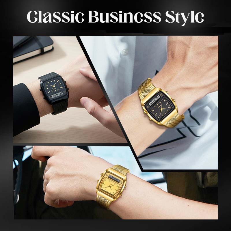 Reloj multifunción de estilo retro con esfera cuadrada - doble pantalla, aleación de zinc y acero inoxidable