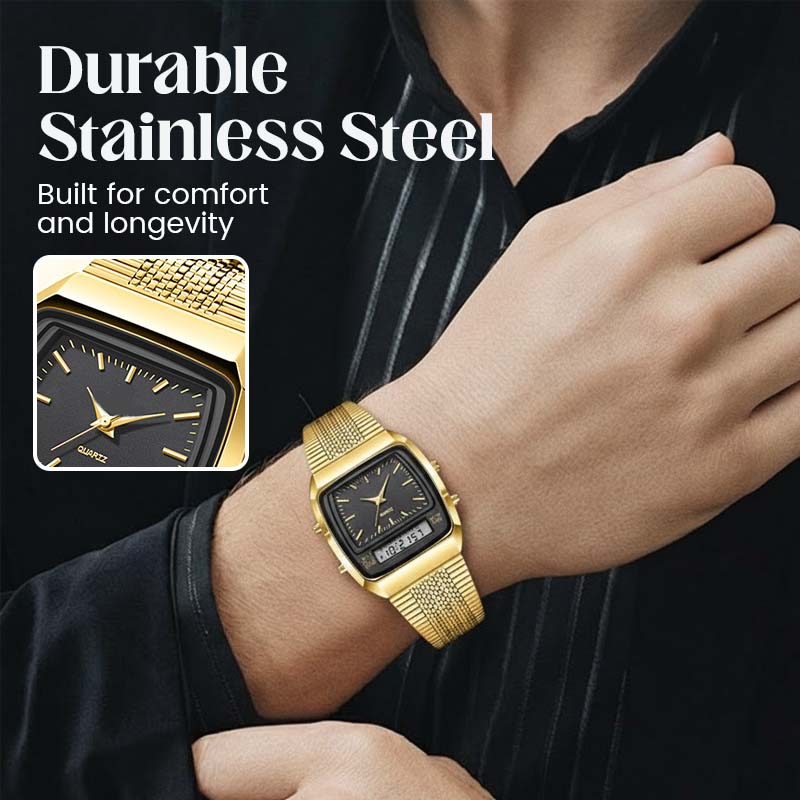 Reloj multifunción de estilo retro con esfera cuadrada - doble pantalla, aleación de zinc y acero inoxidable