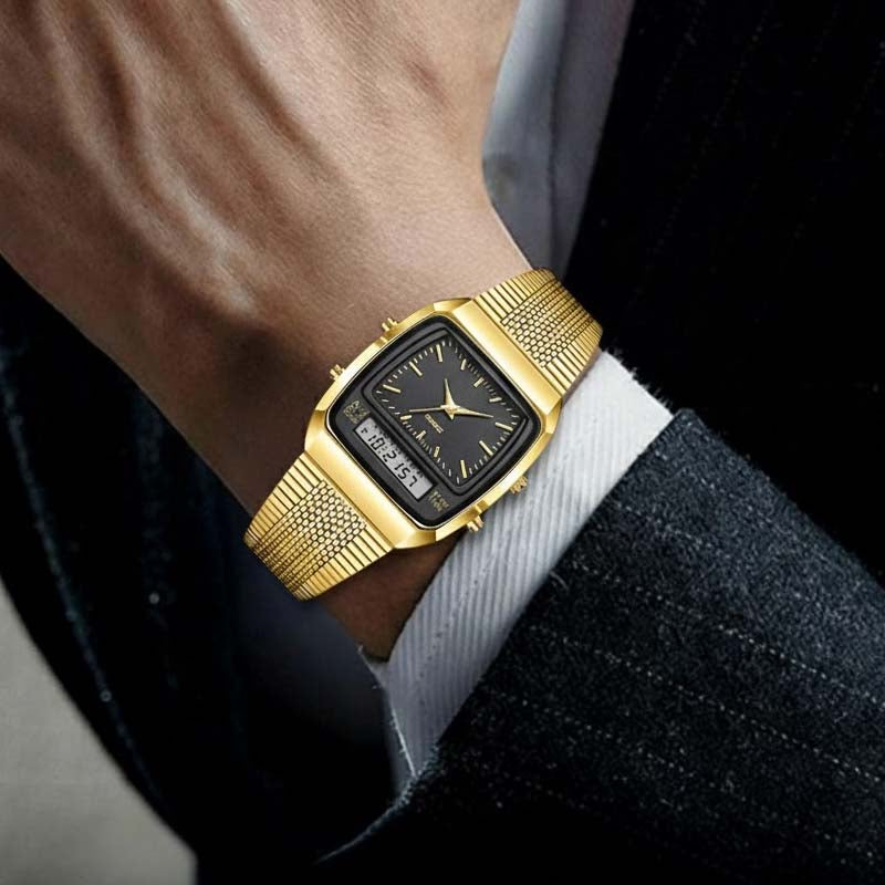 Reloj multifunción de estilo retro con esfera cuadrada - doble pantalla, aleación de zinc y acero inoxidable