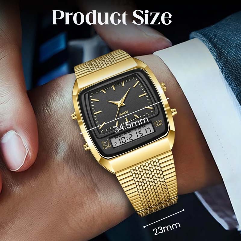 Reloj multifunción de estilo retro con esfera cuadrada - doble pantalla, aleación de zinc y acero inoxidable