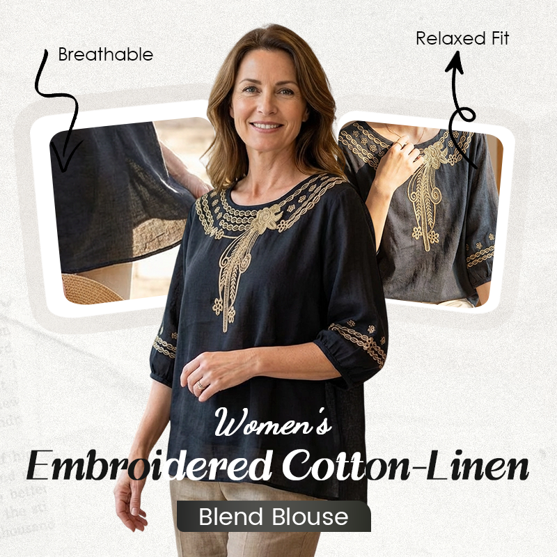 Geborduurde blouse voor dames van katoen-linnenmix