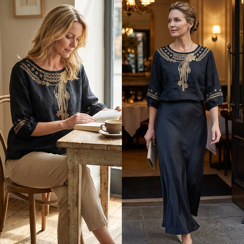 Geborduurde blouse voor dames van katoen-linnenmix