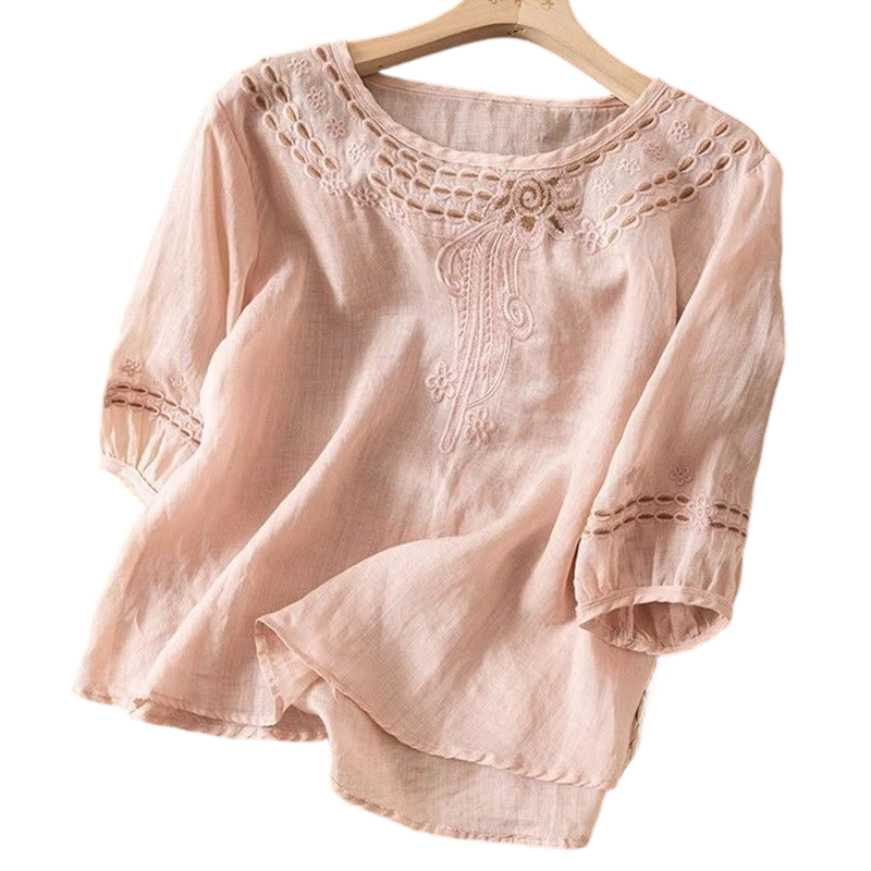 Geborduurde blouse voor dames van katoen-linnenmix
