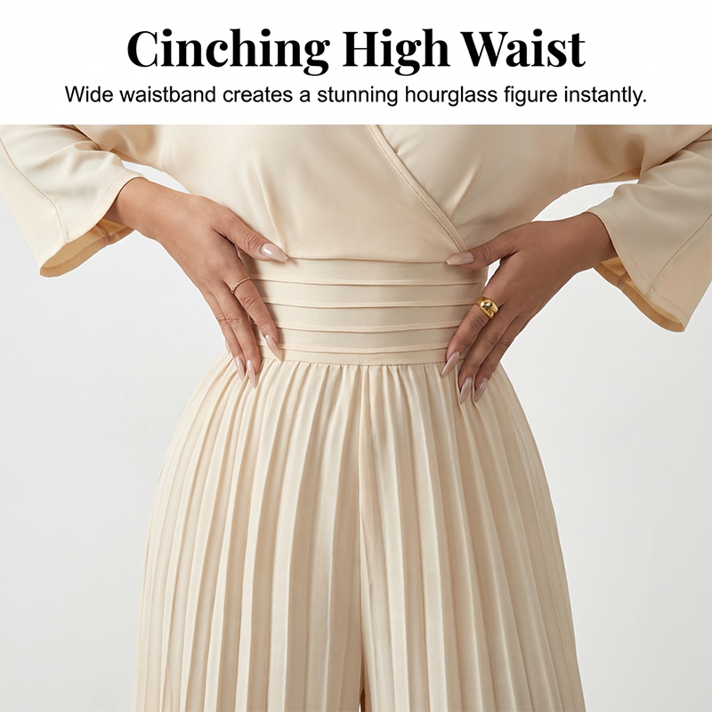 Elegante jumpsuit met V-hals, plooien en wijde pijpen - Chic, comfortabel en perfect voor elke gelegenheid