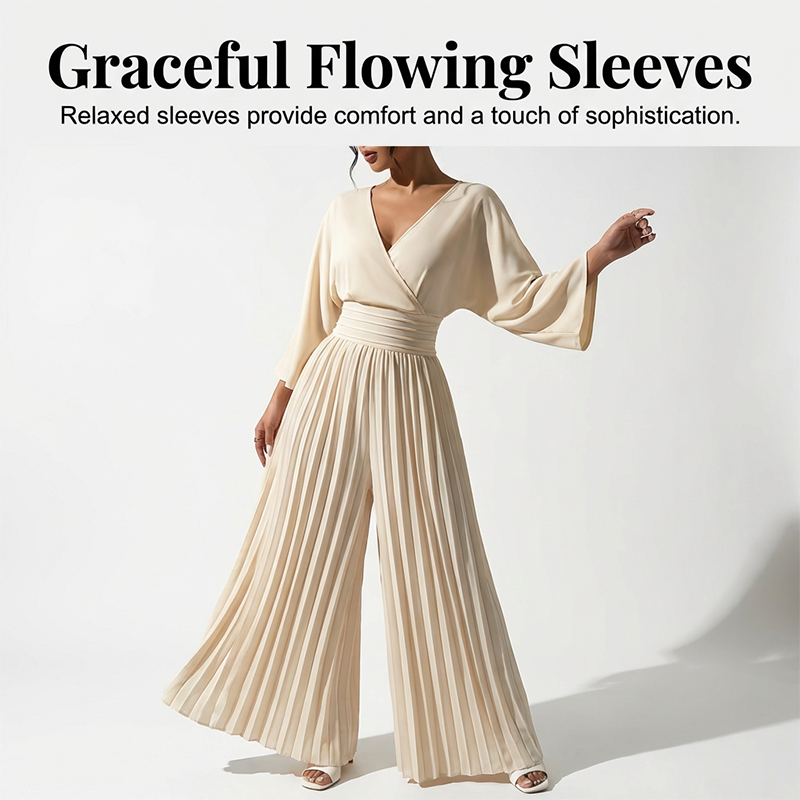 Elegante jumpsuit met V-hals, plooien en wijde pijpen - Chic, comfortabel en perfect voor elke gelegenheid