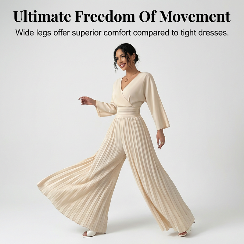 Elegante jumpsuit met V-hals, plooien en wijde pijpen - Chic, comfortabel en perfect voor elke gelegenheid