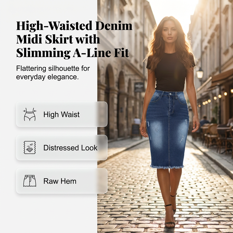 Denim rok voor dames met hoge taille en rafelige zoom
