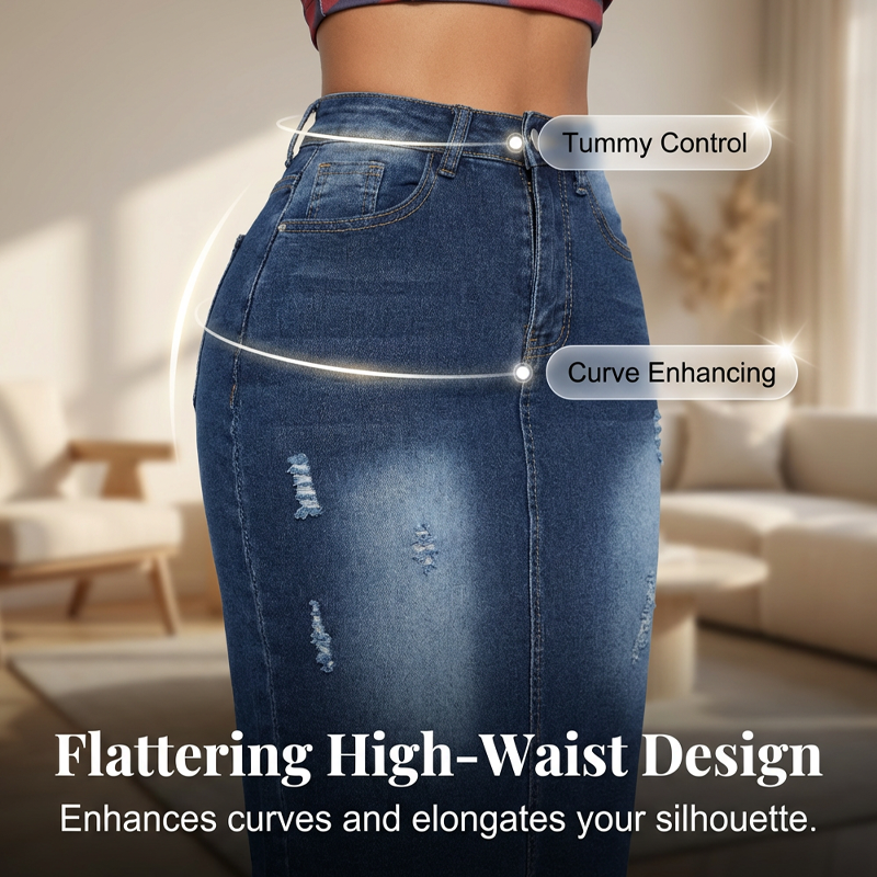 Denim rok voor dames met hoge taille en rafelige zoom