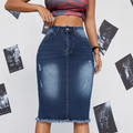 Denim rok voor dames met hoge taille en rafelige zoom