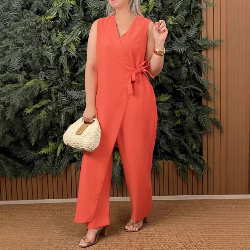 Casual damesjumpsuit in effen kleur met V-hals en strikceintuur