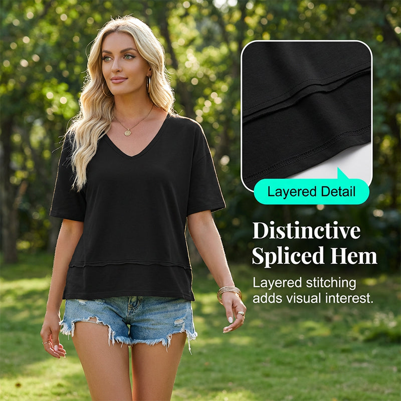 Top de manga tres cuartos y cuello de pico para mujer con bajo de patchwork