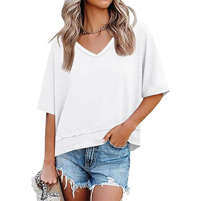 Top de manga tres cuartos y cuello de pico para mujer con bajo de patchwork