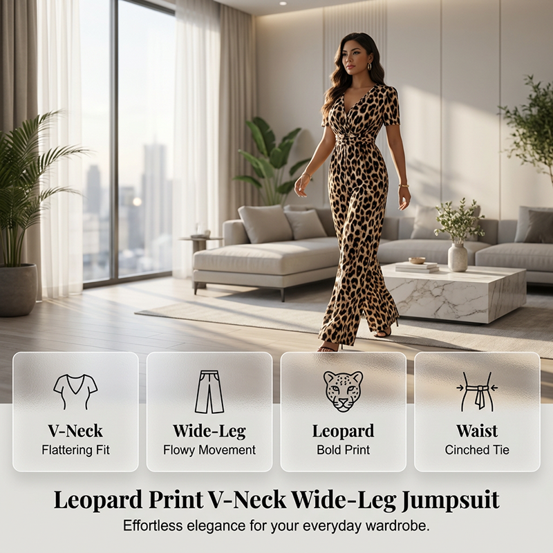 Mono de pierna ancha con estampado de leopardo y escote en V