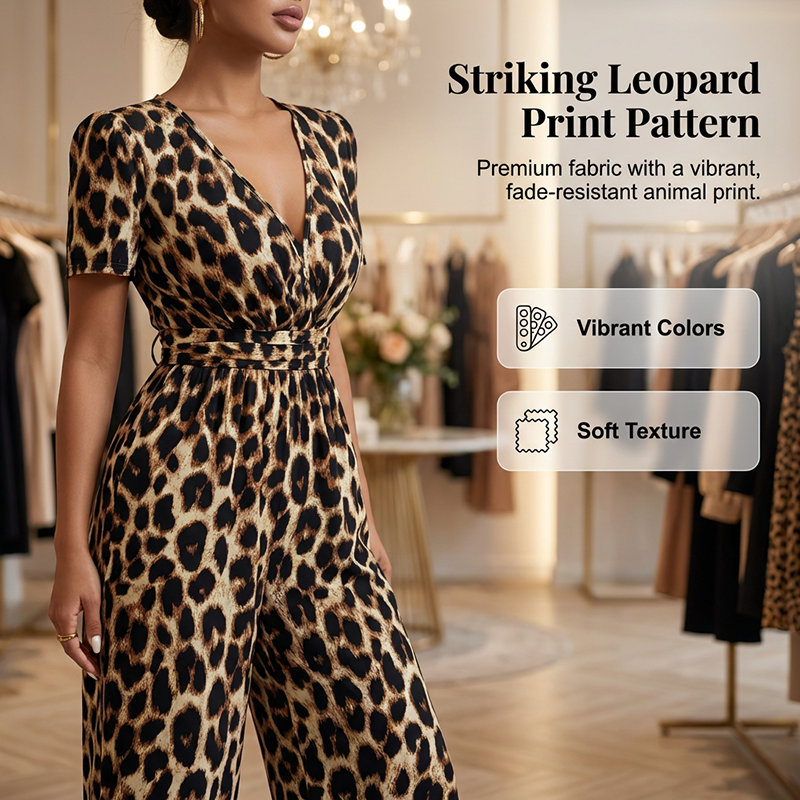 Mono de pierna ancha con estampado de leopardo y escote en V
