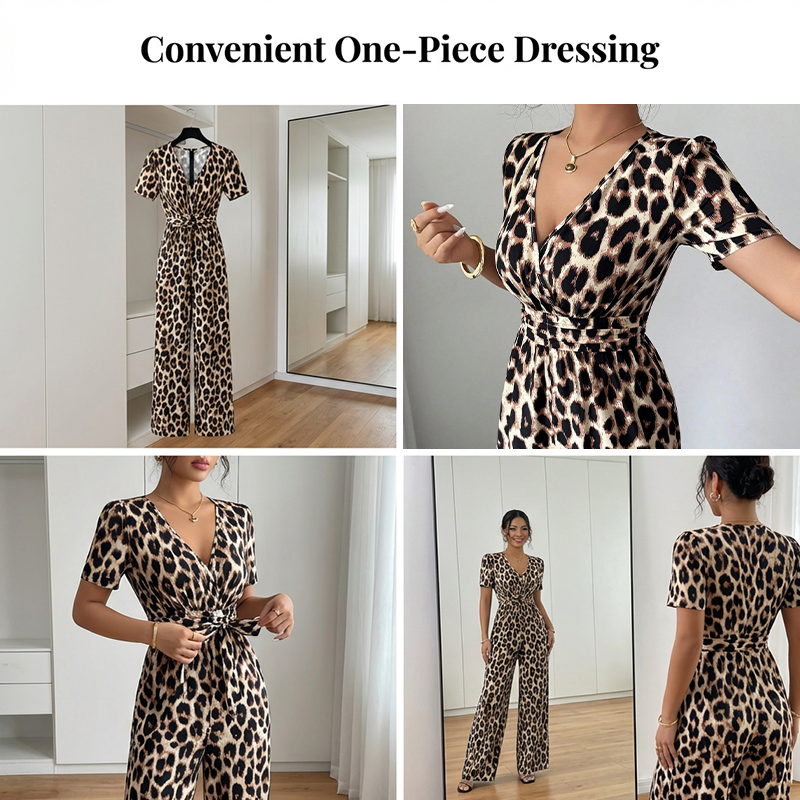 Mono de pierna ancha con estampado de leopardo y escote en V