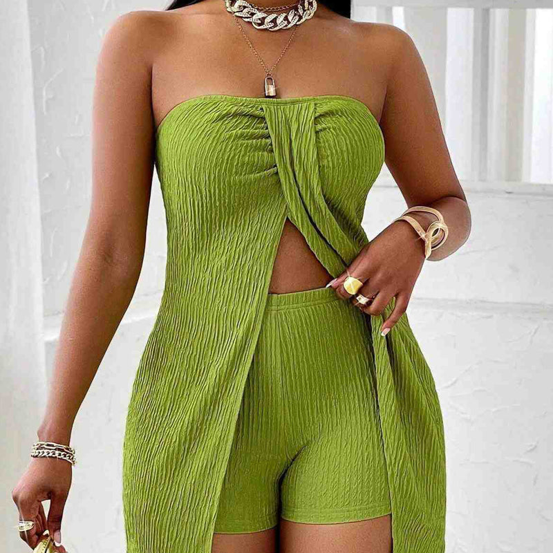 Conjunto de 2 piezas para mujer con top palabra de honor de bajo abierto y shorts