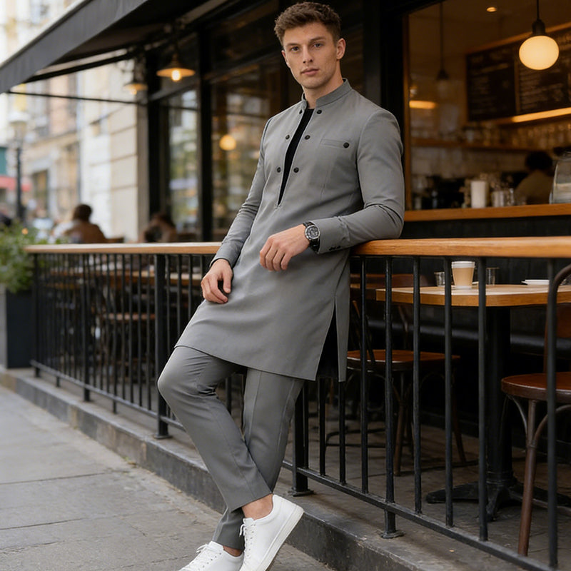 Conjunto moderno para hombre de túnica con cuello mao y pantalones