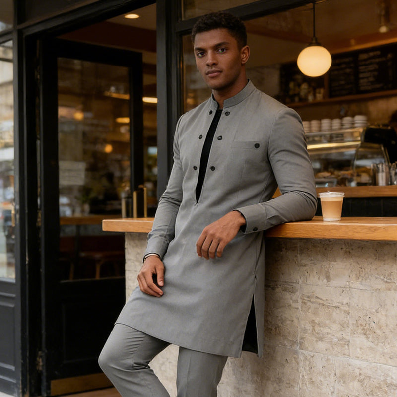 Conjunto moderno para hombre de túnica con cuello mao y pantalones