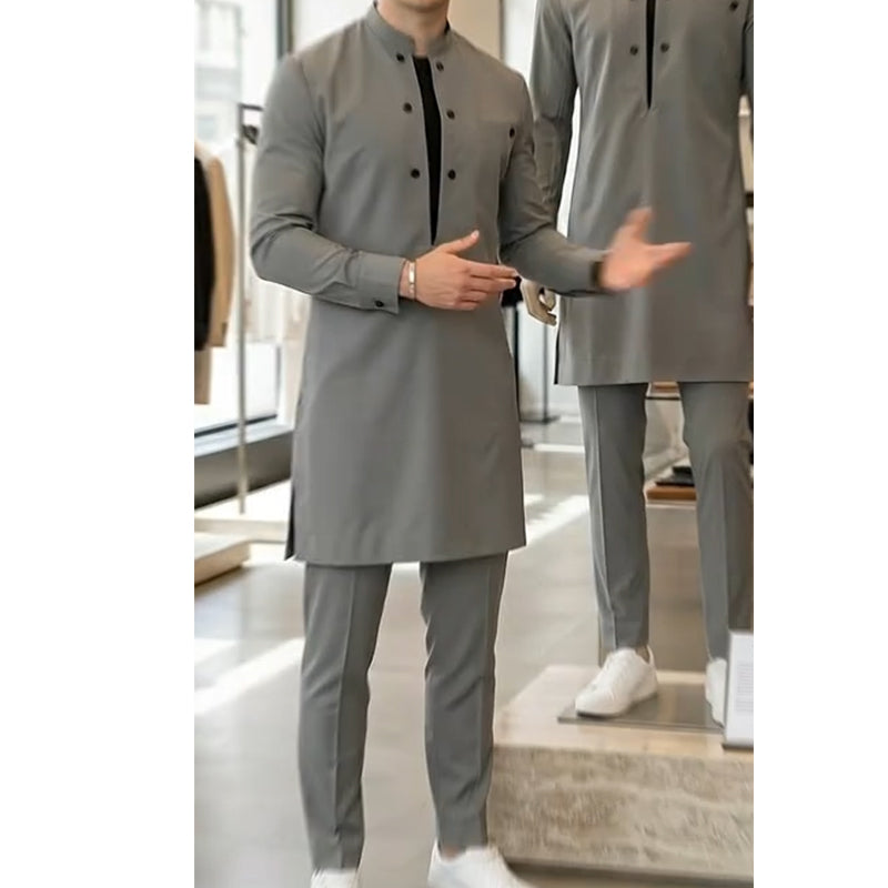 Conjunto moderno para hombre de túnica con cuello mao y pantalones