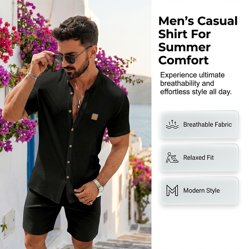 Men's Summer Casual Button-Up Shirt ¨C Stand Collar, Breathable & Relaxed Fit