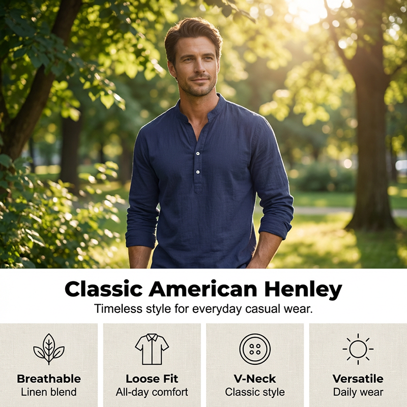 Men's Casual Linen Blend Henley ¨C Breathable, Wrinkle-Free & Effortlessly Cool
