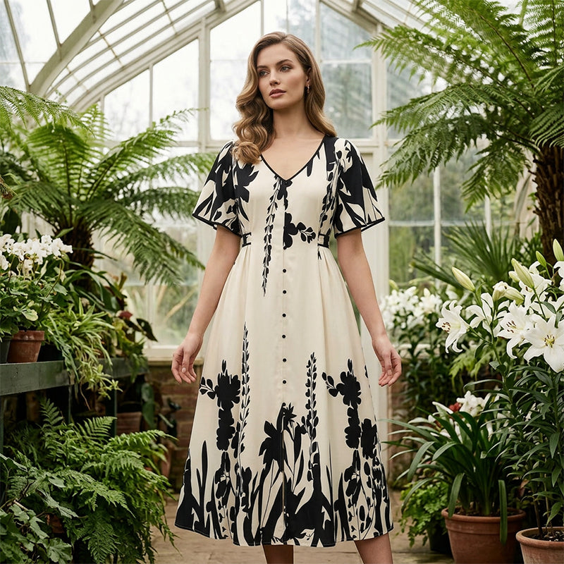 Elegante midi-jurk met V-hals en botanische print