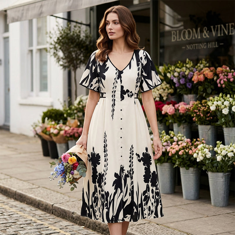 Elegante midi-jurk met V-hals en botanische print