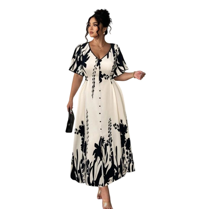 Elegante midi-jurk met V-hals en botanische print