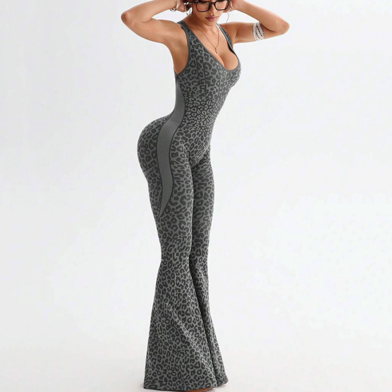 Women's Cheetah Print Workout Jumpsuit with Built-in Bra