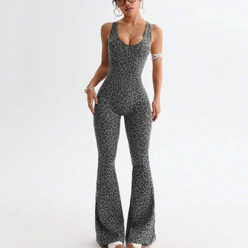 Women's Cheetah Print Workout Jumpsuit with Built-in Bra