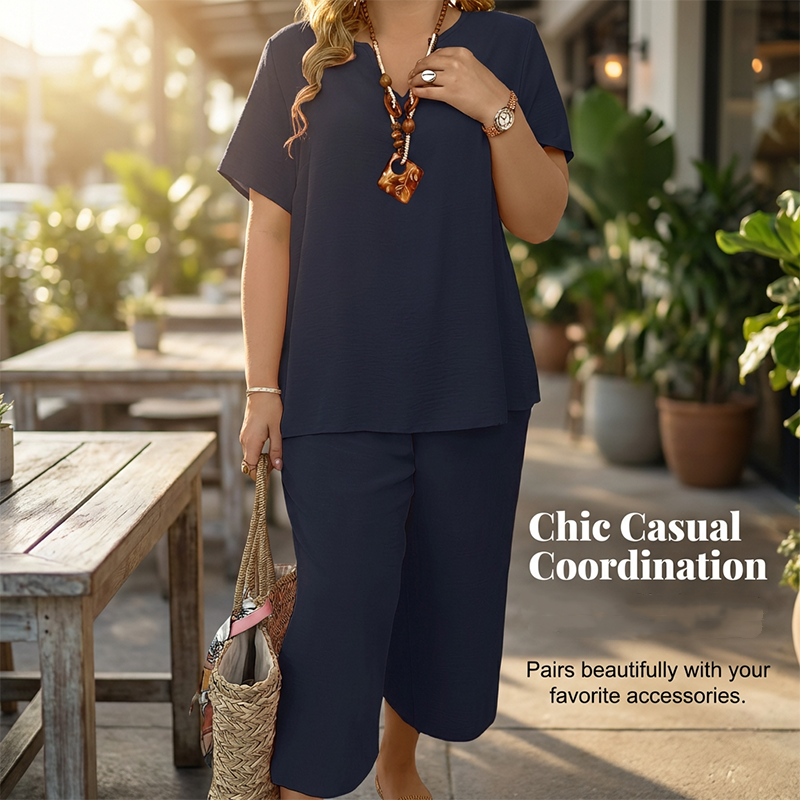 Conjunto informal para mujer de top de manga corta y pantalones de pierna ancha