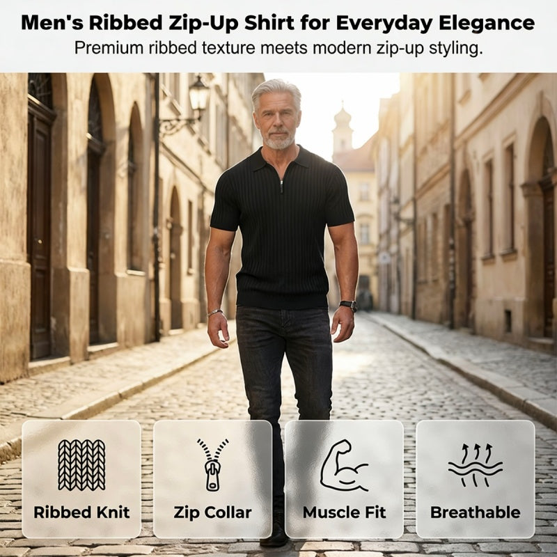 Camisa de punto acanalado de manga corta con cremallera para hombre