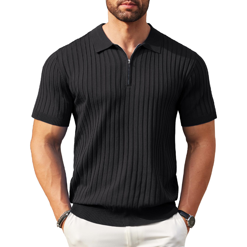 Camisa de punto acanalado de manga corta con cremallera para hombre