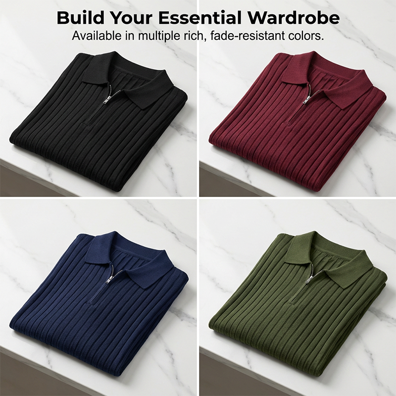 Camisa de punto acanalado de manga corta con cremallera para hombre