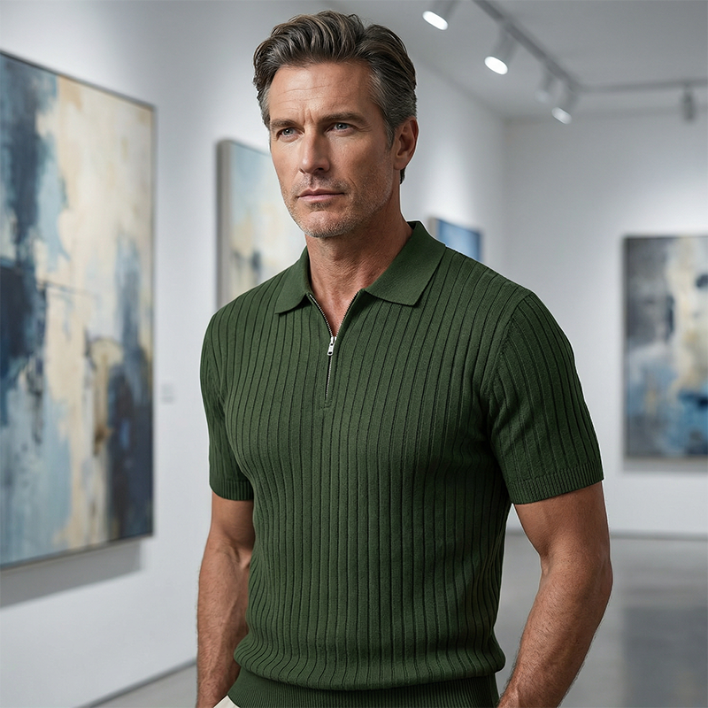 Camisa de punto acanalado de manga corta con cremallera para hombre