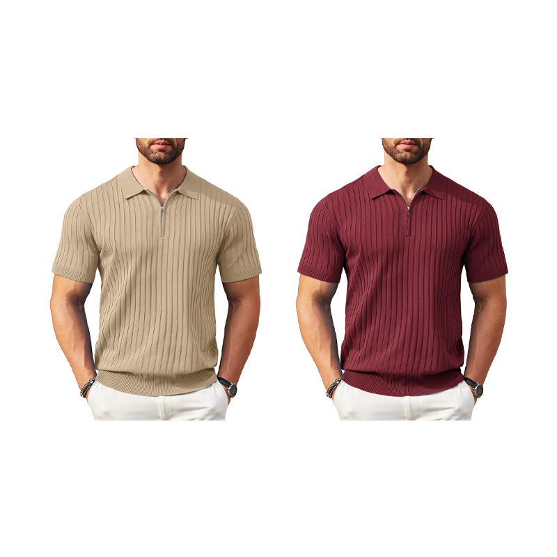 Camisa de punto acanalado de manga corta con cremallera para hombre