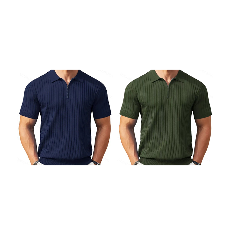 Camisa de punto acanalado de manga corta con cremallera para hombre