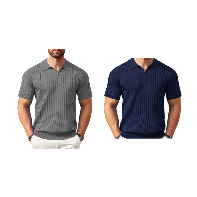 Camisa de punto acanalado de manga corta con cremallera para hombre