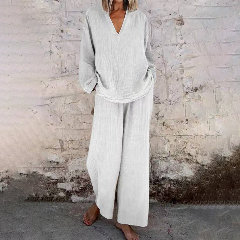 Ensemble décontracté uni avec haut à col en V et manches longues et pantalon jambes larges