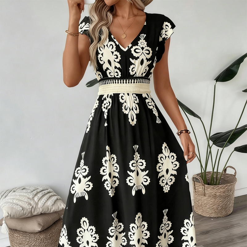 Luchtige maxi-jurk met V-hals en barokprint voor dames
