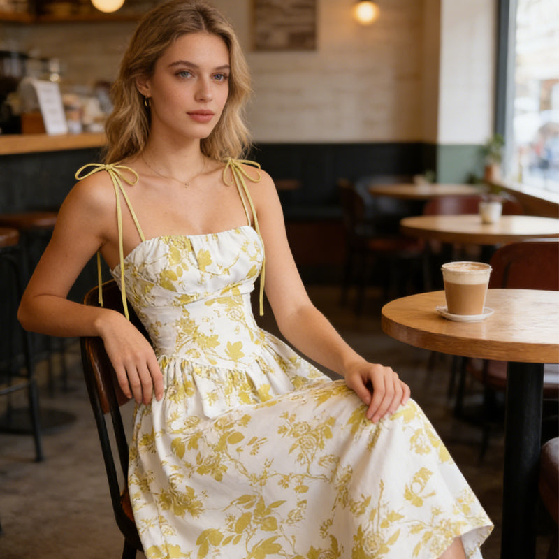 Abito midi da donna con stampa floreale e spalline da annodare