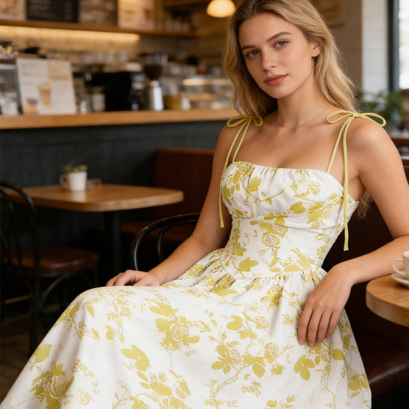Abito midi da donna con stampa floreale e spalline da annodare