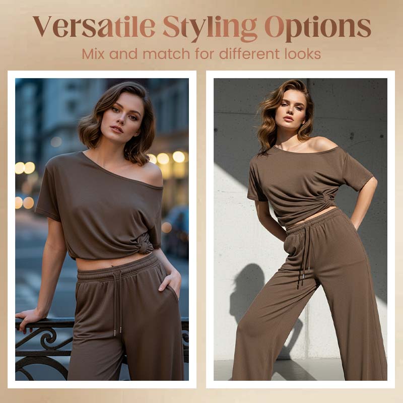Conjunto de 2 piezas para mujer: top de hombros descubiertos y pantalones